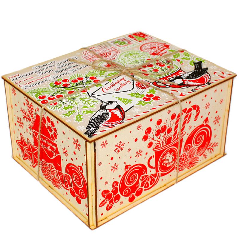 Детский новогодний подарок в упаковке из фанеры весом 1200 грамм